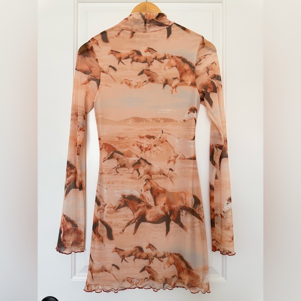 UO Alessia Wild Horse Print Mesh Mock Funnel Neck Mini Dress Sheer Y2K Medium - Picture 6 of 11